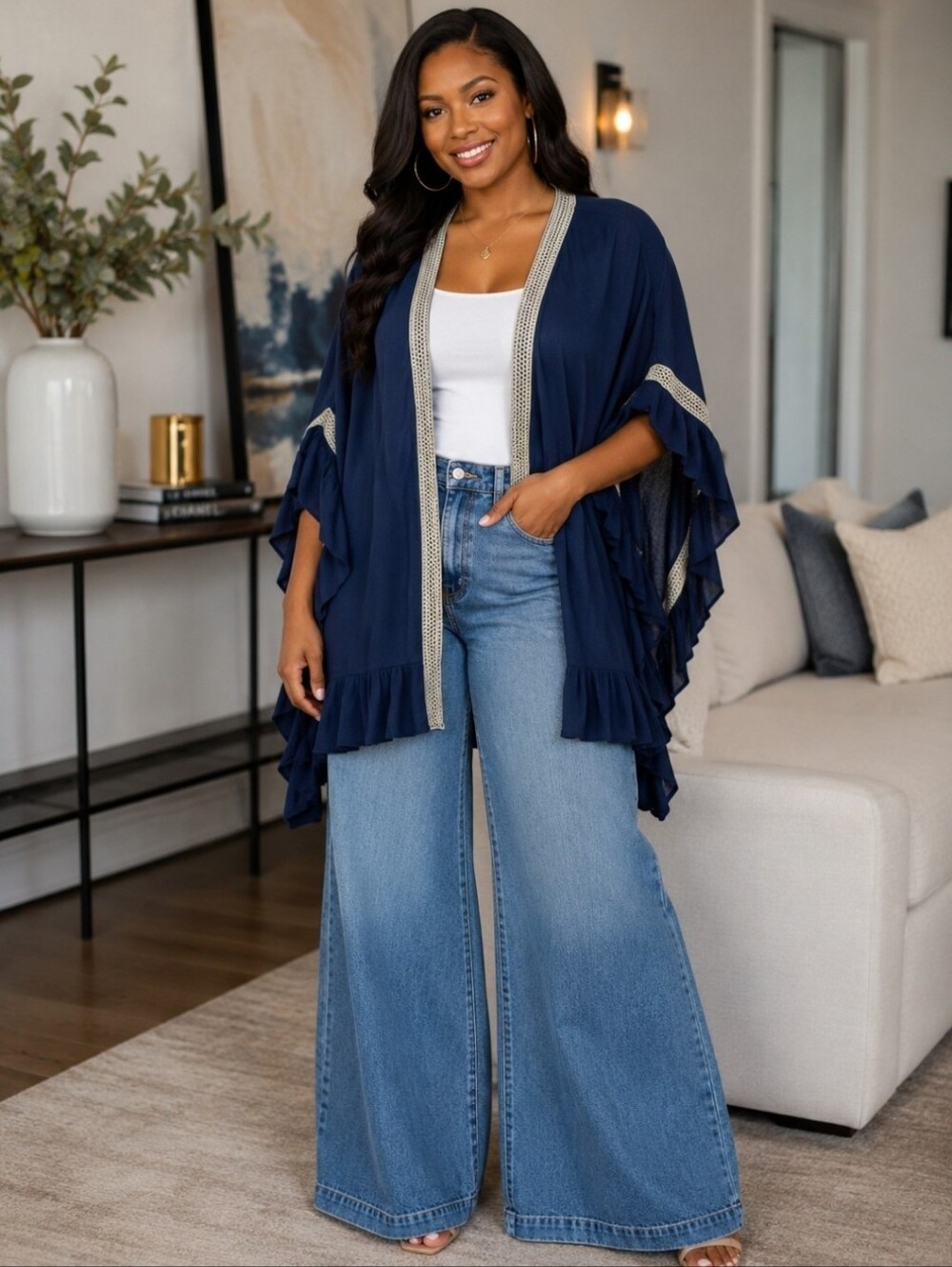 NEW!! Umgee Navy Blue Ruffle Kimono with Crochet Accents, , NWT